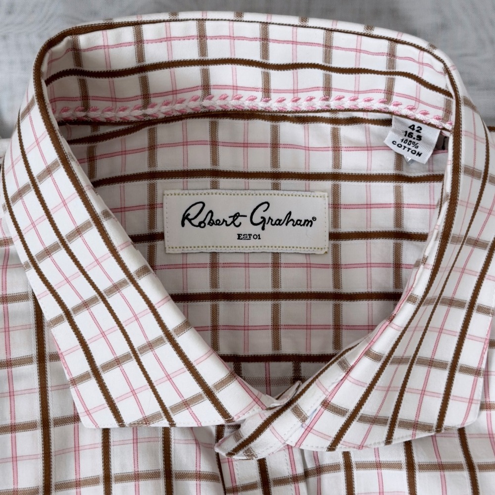 Robert Graham Mens 16.5 34/35 Button Down Shirt Brown Pink Grid Cotton LS